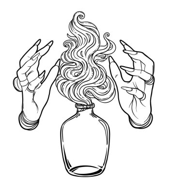 Hand of witch with fire. Mystic character. Alchemy, religion, spirituality, occultism, tattoo art. Isolated vector illustration. Halloween concept, coloring book for adults. clipart