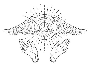 Açık eller. Elle çizilmiş şekil. Meleklerin kanatları ile gizli tasarım. Dotwork mürekkep tattoo flash tasarım. Beyaz izole vektör. Astroloji, kutsal ruh.