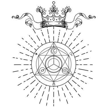 Kraliyet tacı olan simya sembol. Kutsal geometri, vintage tasarım. Dövme et tasarım, yoga logosu. Boho baskı, poster, tişört Tekstil. Anti stres boyama kitabı. İzole vektör çizim.
