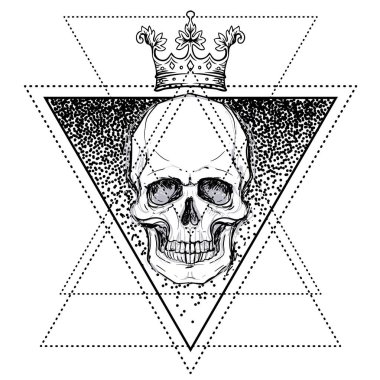 İnsan kafatası üzerinde kutsal geometri sembolü. Şeytan, masal karakteri. Mistik daire. Ezoterik. Tek renkli çizim üzerinde beyaz izole. Vektör çizim. Poster, tişört baskı tasarımı.