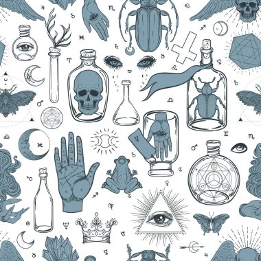Mistik, sihir, geçmiş. Din ve gizemli ve masonik sembollü okültizm. Ortaçağ el yazmaları ilham verici. Retro tarzında vektör pürüzsüz desen. Tekrarlanan Moda Modaya uygun doku.