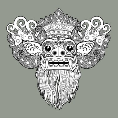 Barong. Bali dili maskesi geleneksel ritüel. Vektör dekoratif süslü anahat illüstrasyon izole. Hindu etnik sembolü, dövme sanat, yoga, Bali manevi tasarımı için yazdırma, posterler, tişörtler, tekstil