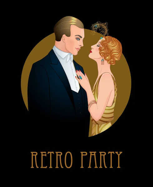 Hermosa Pareja Estilo Art Deco Moda Retro Glamour Hombre Mujer — Vector de stock