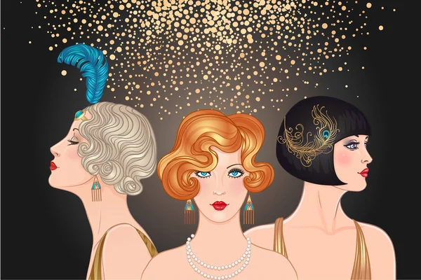 Flapper Girls Set Three Young Beautiful Women 1920S Vector Glamour — Stock Vector