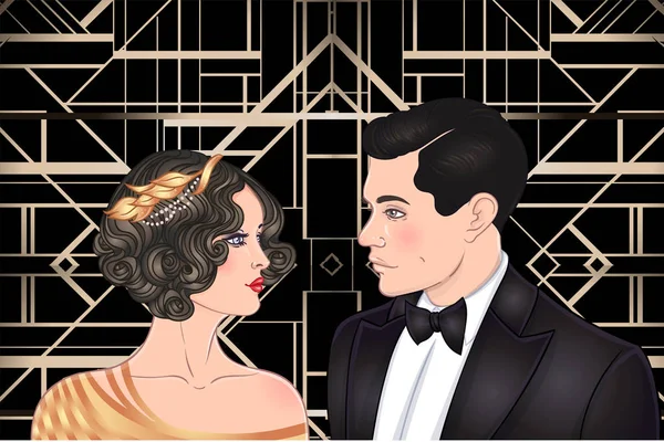 Beautiful Couple Art Deco Style Retro Fashion Glamour Man Woman — Stock Vector