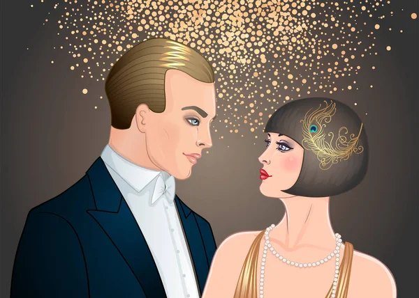 Hermosa Pareja Estilo Art Deco Moda Retro Glamour Hombre Mujer — Vector de stock