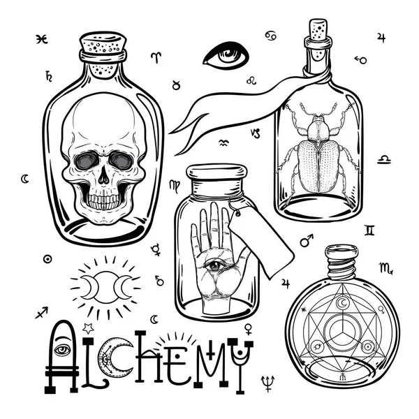 Conjunto Ícones Símbolo Alquimia Espiritualidade Ocultismo Química Conceito Tatuagem Mágica —  Vetores de Stock