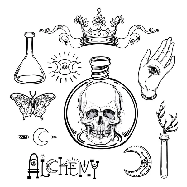 Conjunto Iconos Símbolo Alquimia Espiritualidad Ocultismo Química Concepto Tatuaje Mágico — Archivo Imágenes Vectoriales