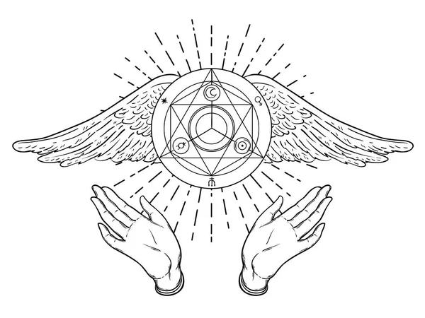 Açık eller. Elle çizilmiş şekil. Meleklerin kanatları ile gizli tasarım. Dotwork mürekkep tattoo flash tasarım. Beyaz izole vektör. Astroloji, kutsal ruh.