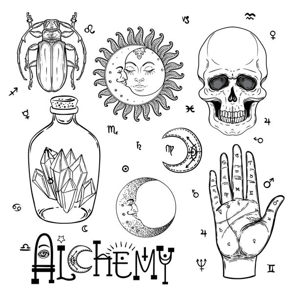 Alchemy symbol icon set. Spirituality, occultism, chemistry, magic tattoo concept. Vintage vector illustration collection with mystic and occult signs. Halloween, astrological elements.