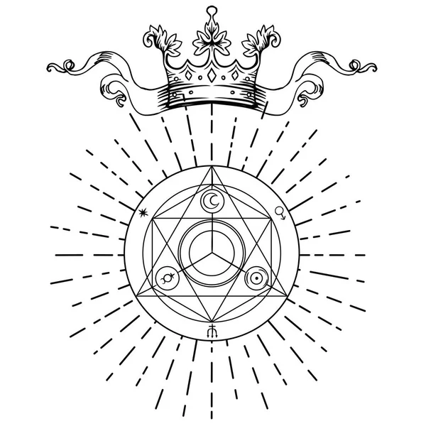Alchemie Symbol Mit Königskrone Heilige Geometrie Vintage Design Tätowierung Fleisch — Stockvektor