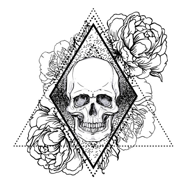 Human skull with peony, rose and poppy flowers over sacred geometry  background.Tattoo design element. Vector illustration.