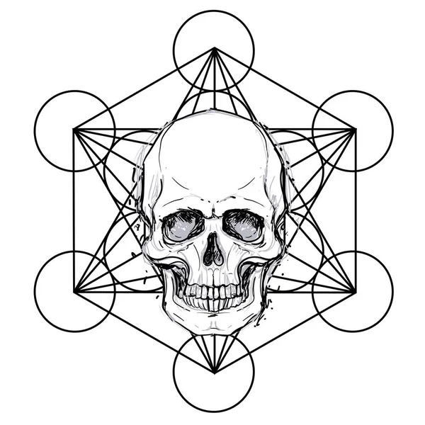 神聖な幾何学シンボルを人間の頭蓋骨 おとぎ話の文字 神秘的なサークル 難解です モノクロ図面は 白で隔離 ベクトルの図 ポスター シャツのプリント デザイン — ストックベクタ