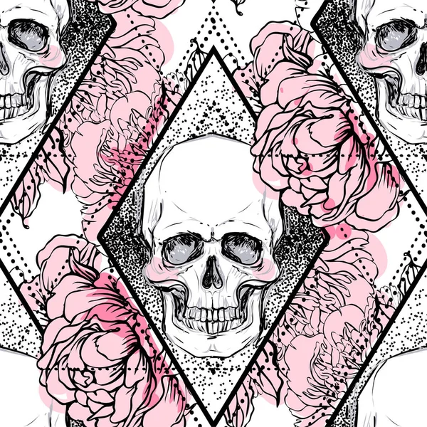 Calavera Humana Con Flores Peonía Rosa Amapola Sobre Fondo Geometría — Archivo Imágenes Vectoriales