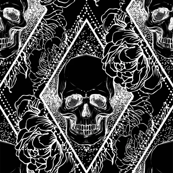 Crâne Humain Avec Pivoine Roses Fleurs Pavot Sur Fond Géométrie — Image vectorielle
