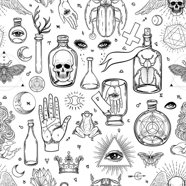 Мистика, магия, фон. Религия и оккультизм с эзотерическими и масонскими символами. Средневековая рукопись вдохновила. Векторный бесшовный узор в стиле ретро. Повторение модной стильной текстуры. 
