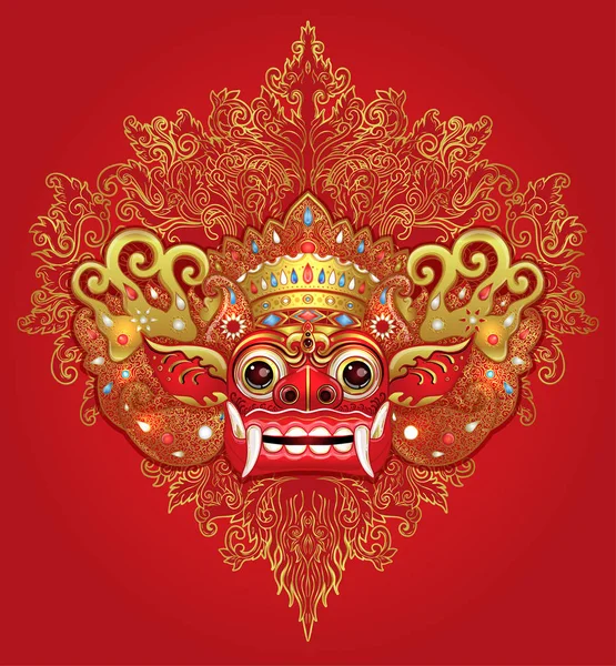 Barong Παραδοσιακό Τελετουργικό Μπαλινέζικο Μάσκα Vector Εικονογράφηση Χρώμα Κόκκινο Χρυσό — Διανυσματικό Αρχείο