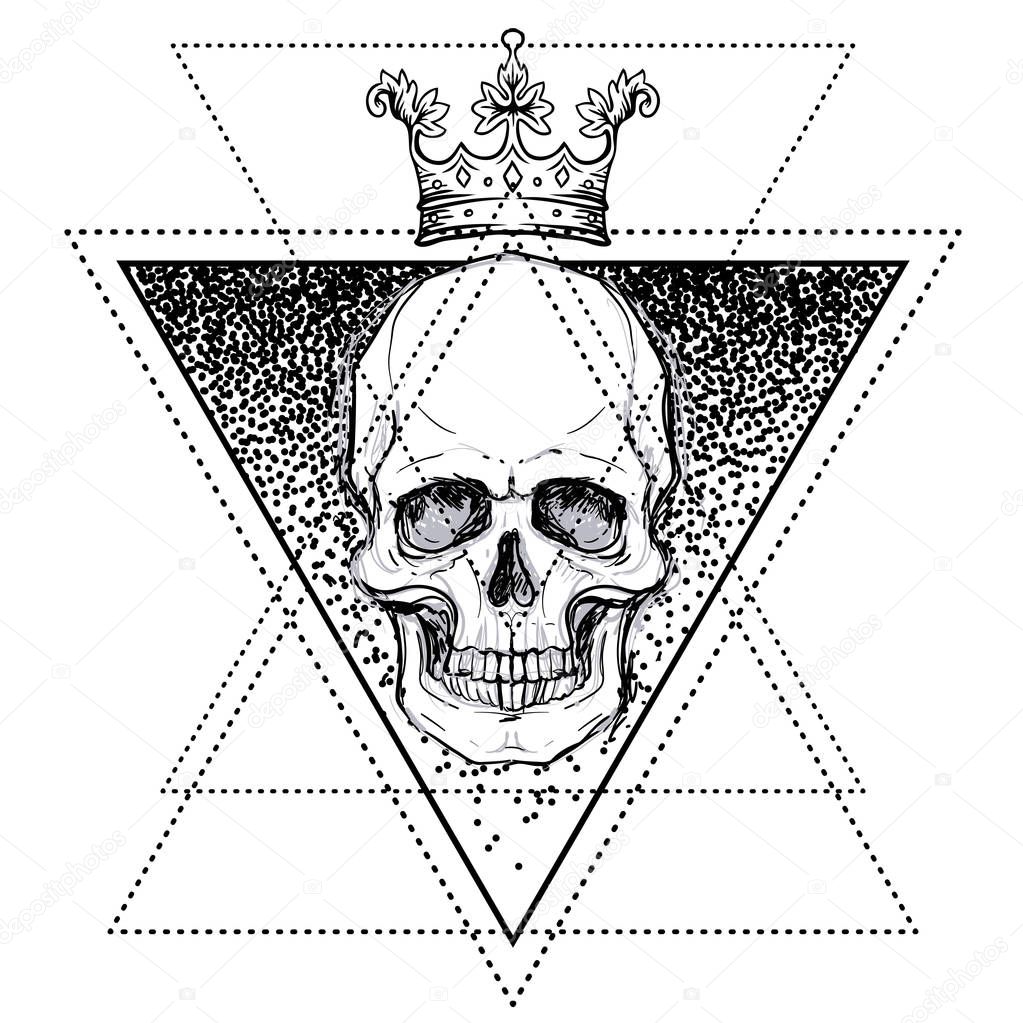Human skull over sacred geometry symbol. Demon, fairy tale character. Mystical circle. Esoteric. Monochrome drawing isolated on white. Vector illustration. Poster, t-shirt print design.