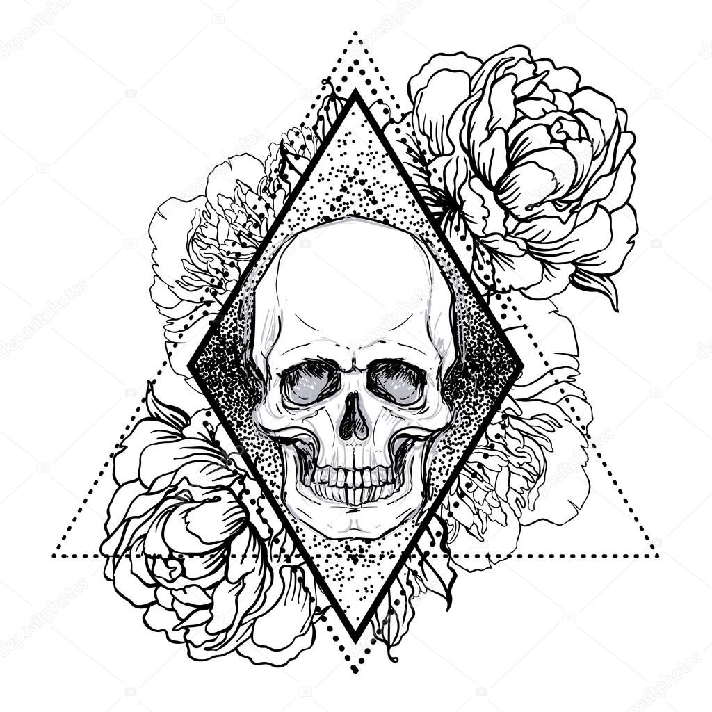 Human skull with peony, rose and poppy flowers over sacred geometry  background.Tattoo design element. Vector illustration.