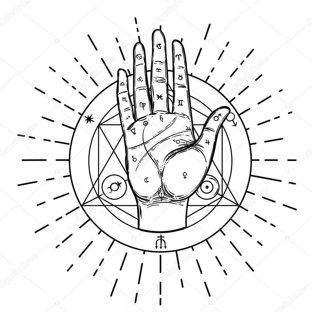 Vintage Hands. Hand drawn sketchy illustration with mystic and occult hand drawn symbols. Palmistry concept. Vector illustration. Spirituality, astrology and esoteric concept.