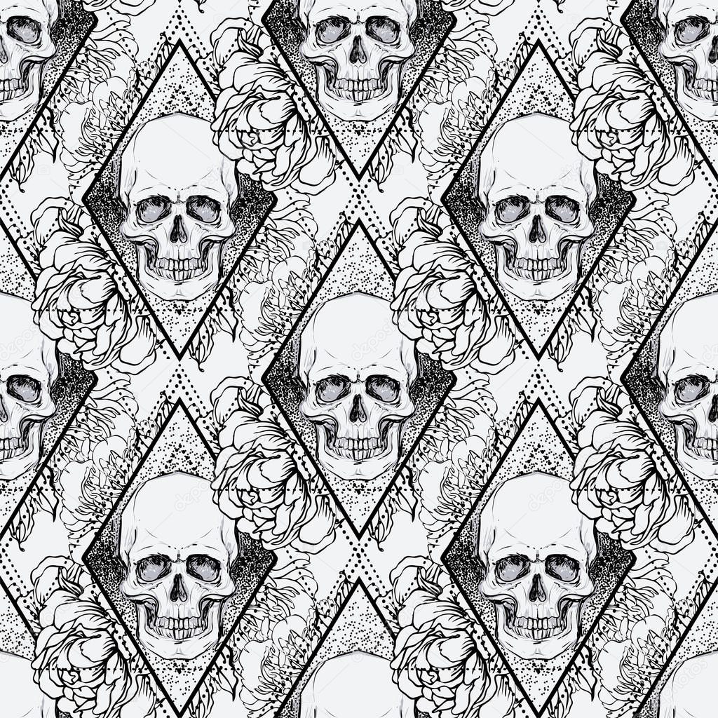 Human skull with peony, rose and poppy flowers over sacred geometry background. Seamless pattern. Tattoo design element. Vector illustration for wallpaper, textile print, wrapping paper.