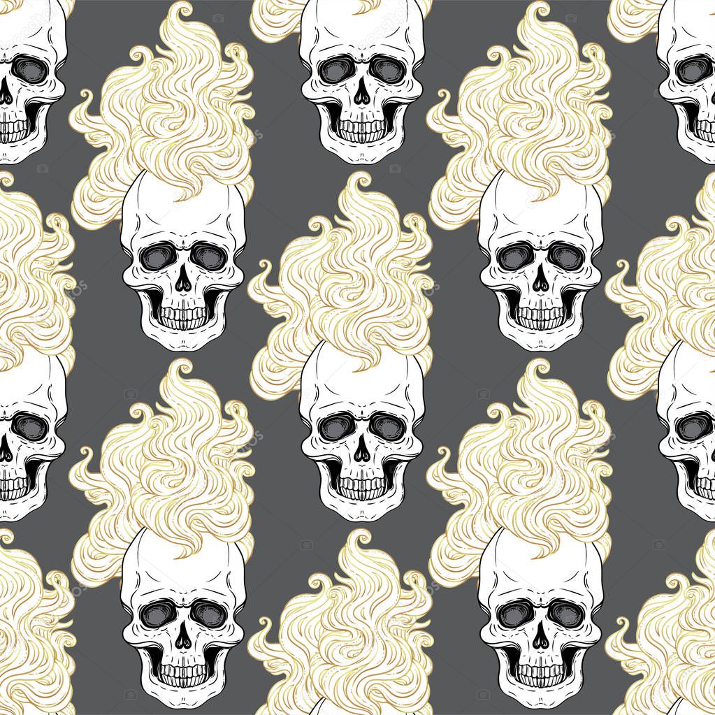 Human skull with fire or hair. Demon, fairy tale character.Mystic, magic, background. Religion and the occultism with esoteric and masonic symbols. Vector seamless pattern in retro style. 