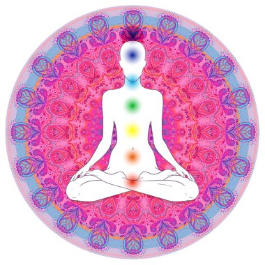 Çakra kavramı. İç aşk, ışık ve barış. Buda siluet renkli süslü mandala üzerinde lotus pozisyonda. Vektör illüstrasyon izole. Budizm ezoterik motifler. Dövme, manevi yoga.