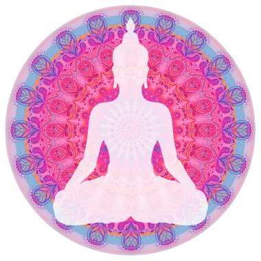 Çakra kavramı. İç aşk, ışık ve barış. Buda siluet renkli süslü mandala üzerinde lotus pozisyonda. Vektör illüstrasyon izole. Budizm ezoterik motifler. Dövme, manevi yoga.