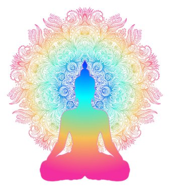Çakra kavramı. İç aşk, ışık ve barış. Buda siluet renkli süslü mandala üzerinde lotus pozisyonda. Vektör illüstrasyon izole. Budizm ezoterik motifler. Dövme, manevi yoga.