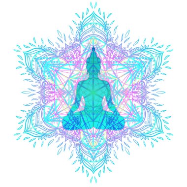 Çakra kavramı. İç aşk, ışık ve barış. Buda siluet renkli süslü mandala üzerinde lotus pozisyonda. Vektör illüstrasyon izole. Budizm ezoterik motifler. Dövme, manevi yoga.