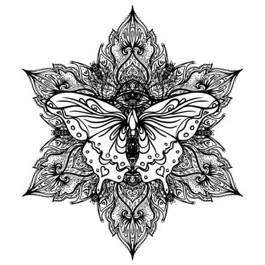 Siyah ve beyaz kelebek kutsal geometri işareti, izole vektör çizim üzerinde. Dövme kroki. Mistik semboller ve böcekler. Simya, büyü, maneviyat, boyama kitabı. Vintage çizilmiş.
