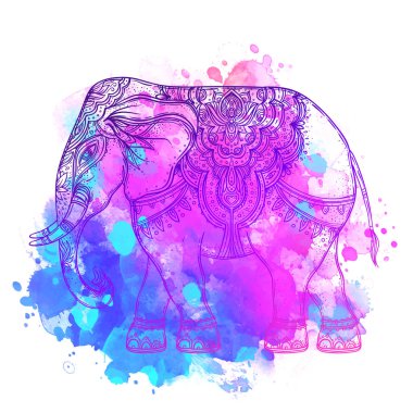 Hintli fil suluboya arka plan üzerinde. dövme sanatı, yoga. Mutlu Holi geleneksel festival vektör çizim. Lord Ganesha