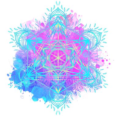 Mandala renkli suluboya üzerinde. Güzel vintage yuvarlak desen. El arka plan çekilmiş. Dekoratif izole. Davet, tişört baskı, düğün kartı. Dövme öğesi.