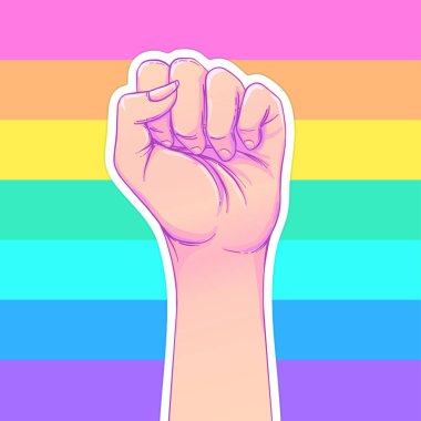 Gökkuşağı el kaldırdı bir yumruk ile renkli. Gay gurur. LGBT kavramı. Gerçekçi stil vektör renkli resimde. Plakası, yama, tişört baskı, logo tasarım.
