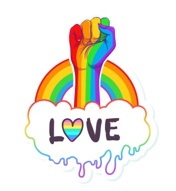 Gökkuşağı el kaldırdı bir yumruk ile renkli. Gay gurur. LGBT kavramı. Gerçekçi stil vektör renkli resimde. Plakası, yama, tişört baskı, logo tasarım.