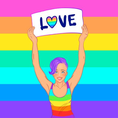 Geçit töreni seviyorum. Genç kadın karakter holding afiş. Gökkuşağı renkli bayrak. Lezbiyen kız. LGBT topluluk kavramı. Eşcinsel kadın. Vektör illüstrasyon izole. Afiş, t-shirt, iğne ve çıkartmaları için Tasarla.