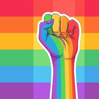 Gökkuşağı el kaldırdı bir yumruk ile renkli. Gay gurur. LGBT kavramı. Gerçekçi stil vektör renkli resimde. Plakası, yama, tişört baskı, logo tasarım.