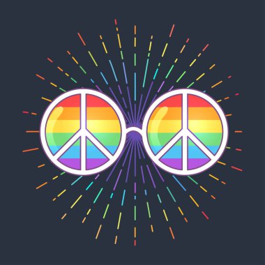 Hippi güneş gözlüğü gökkuşağı lensler ve barış işareti ile. Gay gurur. LGBT kavramı, vektör renkli resimde. Plakası, yama, tişört baskı, logo tasarım.