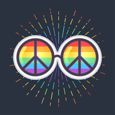 Hippi güneş gözlüğü gökkuşağı lensler ve barış işareti ile. Gay gurur. LGBT kavramı, vektör renkli resimde. Plakası, yama, tişört baskı, logo tasarım.