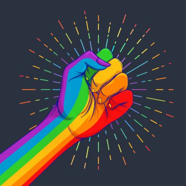 Gökkuşağı el kaldırdı bir yumruk ile renkli. Gay gurur. LGBT kavramı. Gerçekçi stil vektör renkli resimde. Plakası, yama, tişört baskı, logo tasarım.