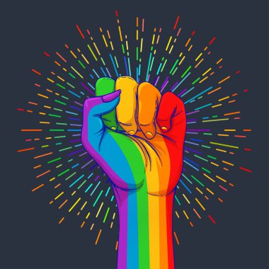 Gökkuşağı el kaldırdı bir yumruk ile renkli. Gay gurur. LGBT kavramı. Gerçekçi stil vektör renkli resimde. Plakası, yama, tişört baskı, logo tasarım.