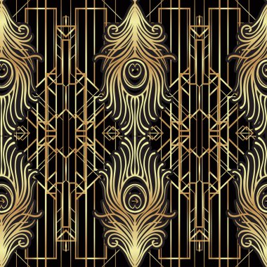 Art deco tarzı geometrik seamless modeli siyah ve altın. Vektör çizim. 1920 's tasarım kükreyen. Caz dönemi ilham. 20. vintage kumaş, tekstil, ambalaj kağıdı, duvar kağıdı. Retro elle çizilmiş.