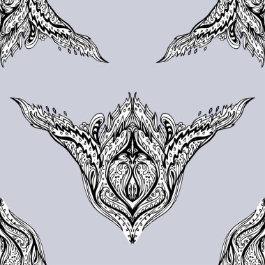 Vektör siyah ve beyaz süslemeli Lotus Bohem çiçekli desensiz süs. Halk kına dövme modeli. Hint tarzı. Klasik dekoratif vektör duvar kağıdı. Astroloji, simya, ruh, sihir.