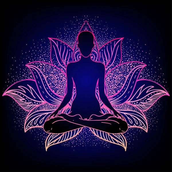 Chakra Concept Innerlijke Liefde Licht Vrede Boeddha Silhouet Lotuspositie Kleurrijke — Stockvector