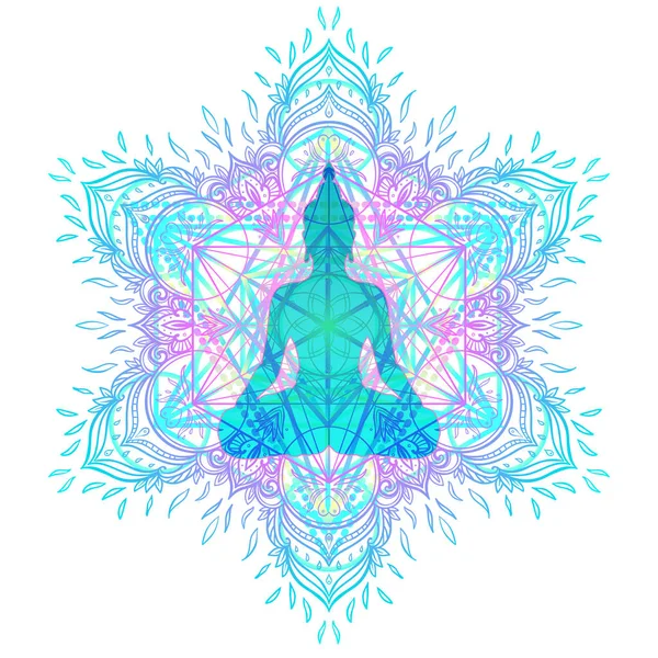 Çakra Kavramı Aşk Işık Barış Buda Siluet Renkli Süslü Mandala — Stok Vektör