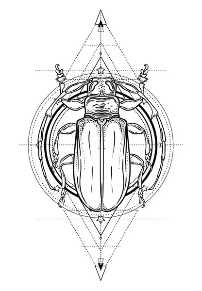 Coléoptère Noir Blanc Sur Géométrie Sacrée Illustration Vectorielle Isolée Croquis — Image vectorielle