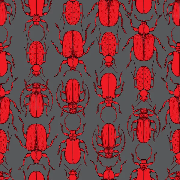 Hand Drawn Bugs Vintage Style Seamless Pattern Beetles Vector Illustration — Stock Vector