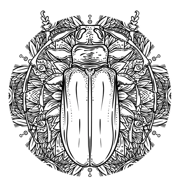 Escarabajo Blanco Negro Sobre Geometría Sagrada Ilustración Vectorial Aislada Esbozo — Archivo Imágenes Vectoriales