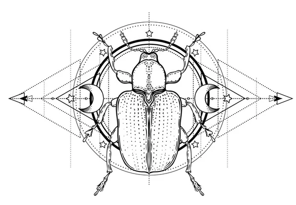 Scarabeo Bianco Nero Sulla Geometria Sacra Illustrazione Vettoriale Isolata Disegno — Vettoriale Stock