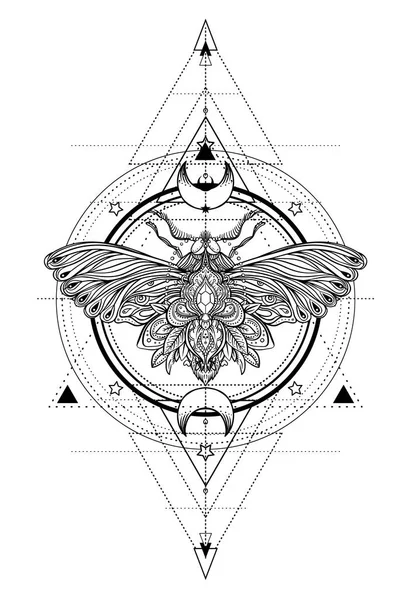 Czarno Biały Motyl Nad Znakiem Świętej Geometrii Ilustracja Białym Tle — Wektor stockowy